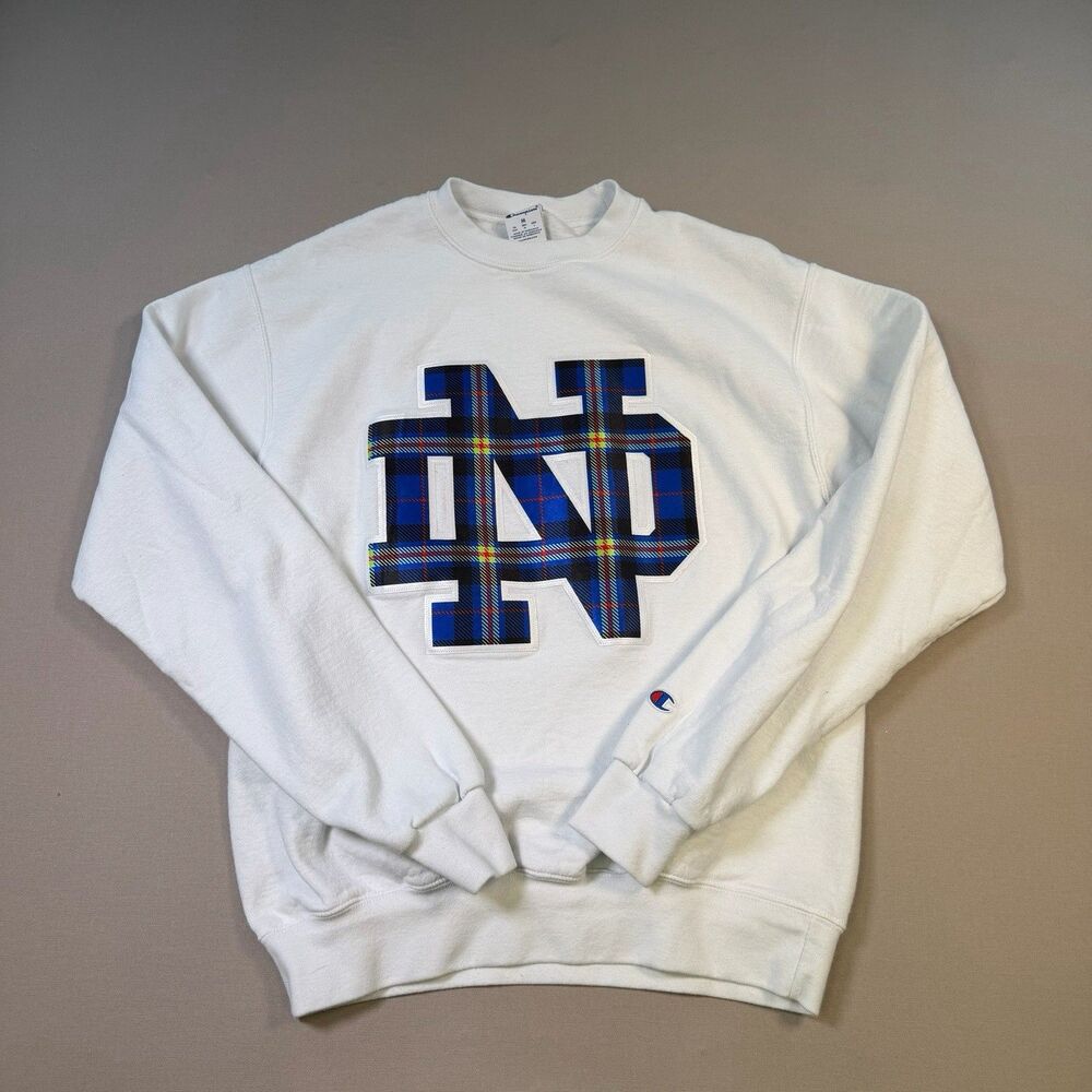 Champion Sweatshirt Mens Medium White Notre Dame ND Plaid Logo Crewneck Pullover